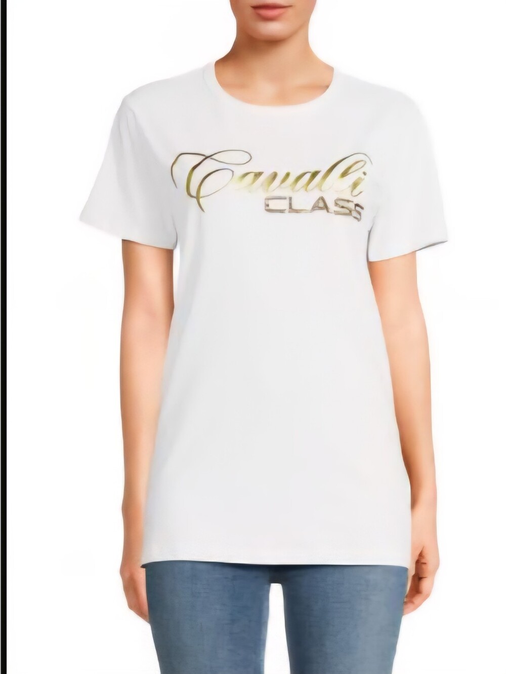 *NWT* Roberto Cavalli Cotton-Blend Logo T-Shirt WHITE/GOLD In Size M